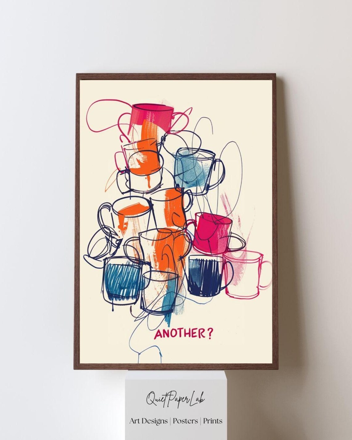 Colorful Stacked Coffee Cups Another Question Riso Doodle Kitchen Art Poster
