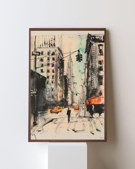 New York City Wall Art Print Poster Moody Street Sketch Yellow Taxi Ink Wash Unframed