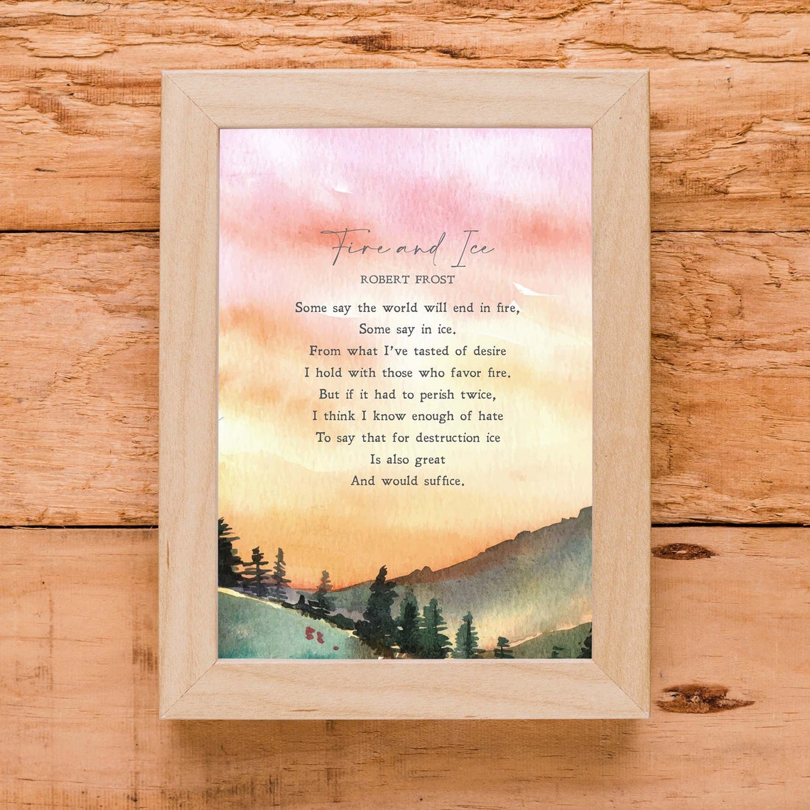 Fire And Ice Robert Frost Poem Watercolor Sunrise Mountain Wall Art - Image 2