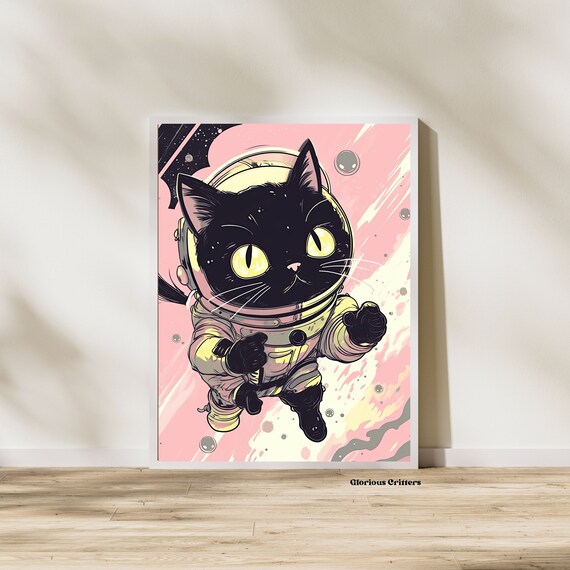 Cute Black Kitten Astronaut Floating Pink Space Cartoon Poster
