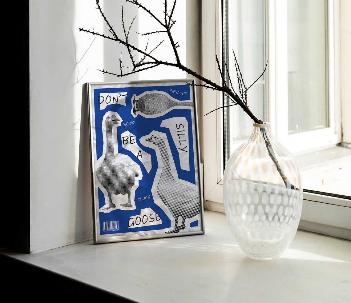 Don't Be a Silly Goose Funny Quirky Blue Retro Collage Poster - Image 2