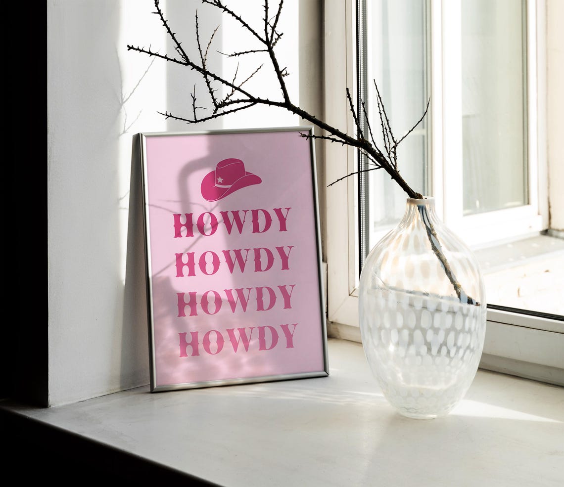 Howdy Pink Cowboy Hat With White Star Bold Western Type Poster - Image 2