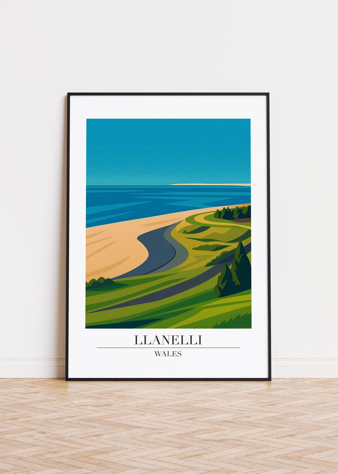 Llanelli Wales Sandy Beach Coastline Geometric Seaside Art Poster