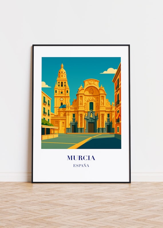 Vintage Murcia España Golden Cathedral Illustration Travel Poster