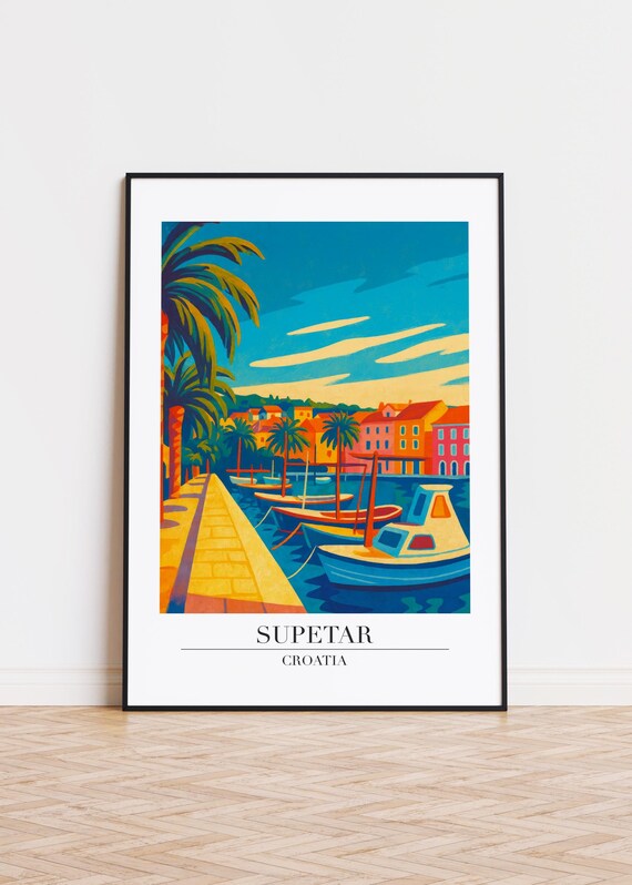 Supetar Croatia Harbor Promenade Palms Boats Modern Travel Poster Art