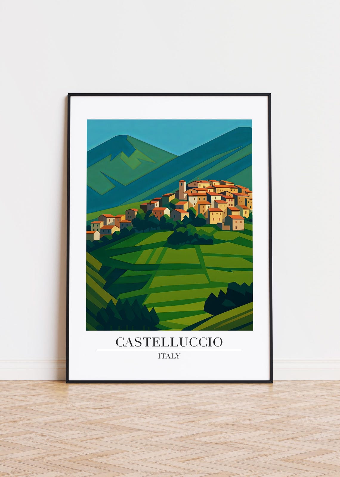 Castelluccio Italy Hilltop Village Valley Retro Travel Poster