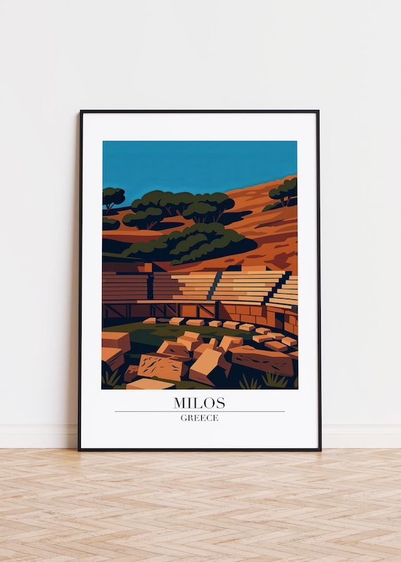 Milos Greece Ancient Amphitheater Stone Ruins Retro Travel Poster