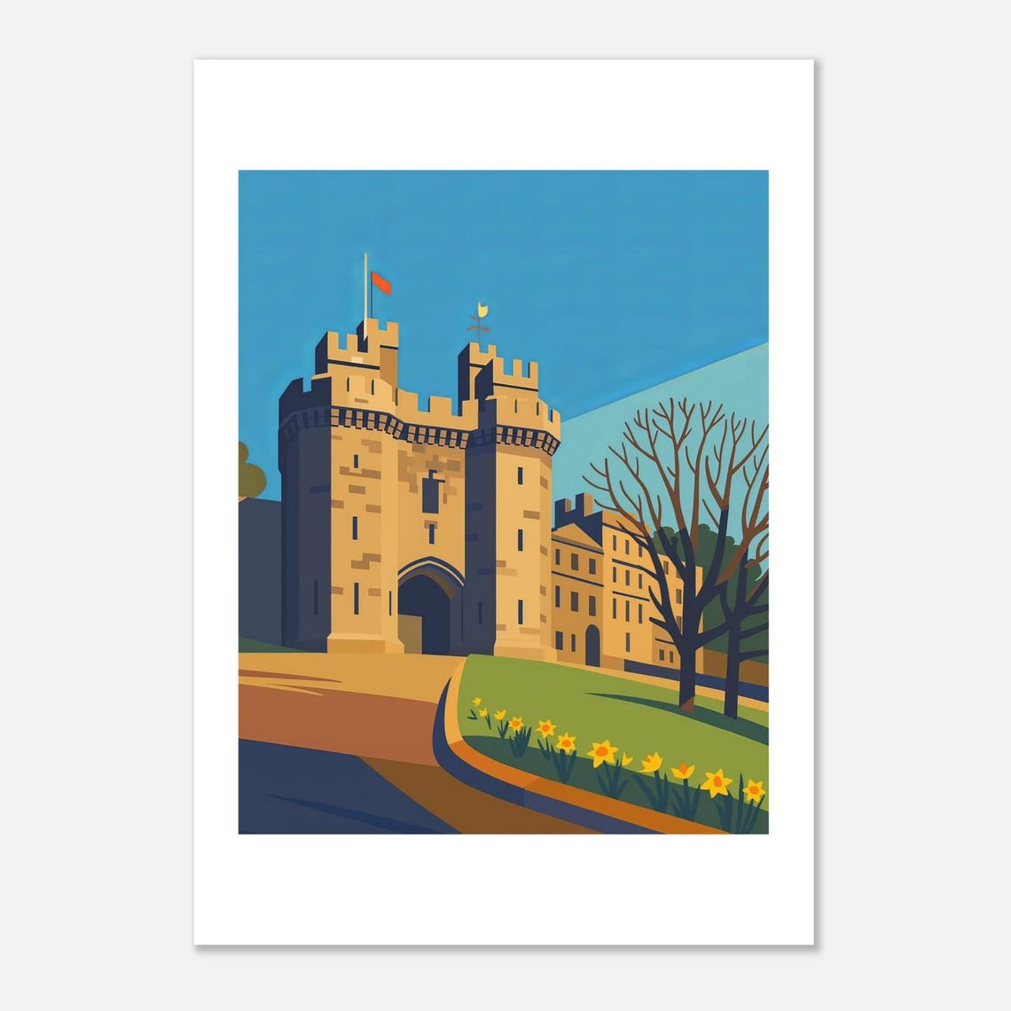 Lancaster Castle Stone Gatehouse Daffodils Vintage Illustration Poster