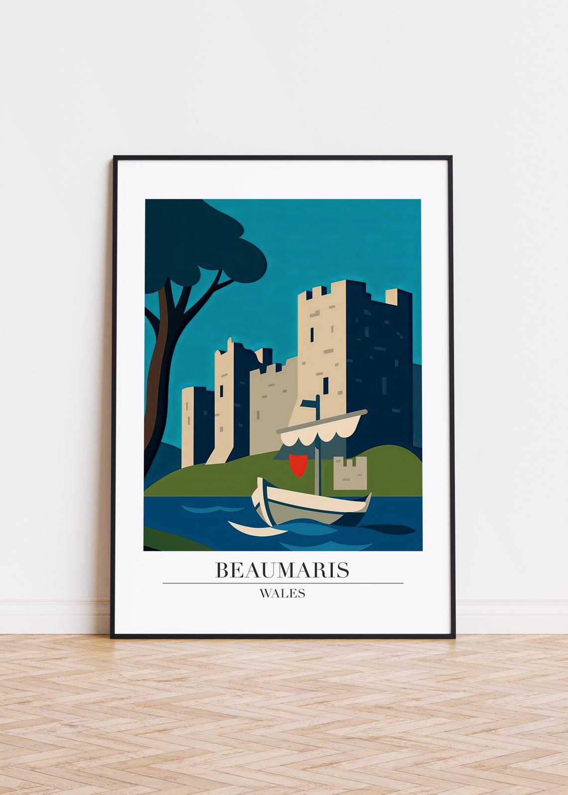 Beaumaris Wales Castle and Sailboat Modern Travel Art Poster