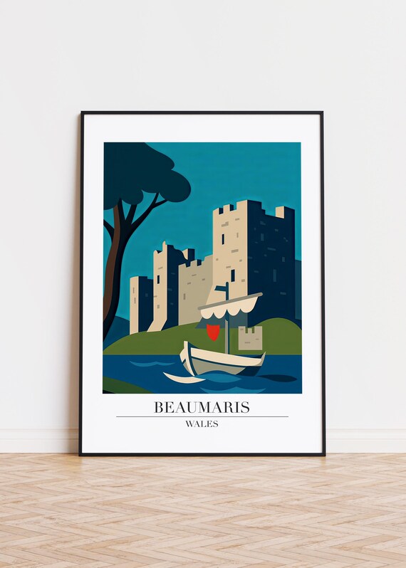 Beaumaris Wales Castle and Sailboat Modern Travel Art Poster