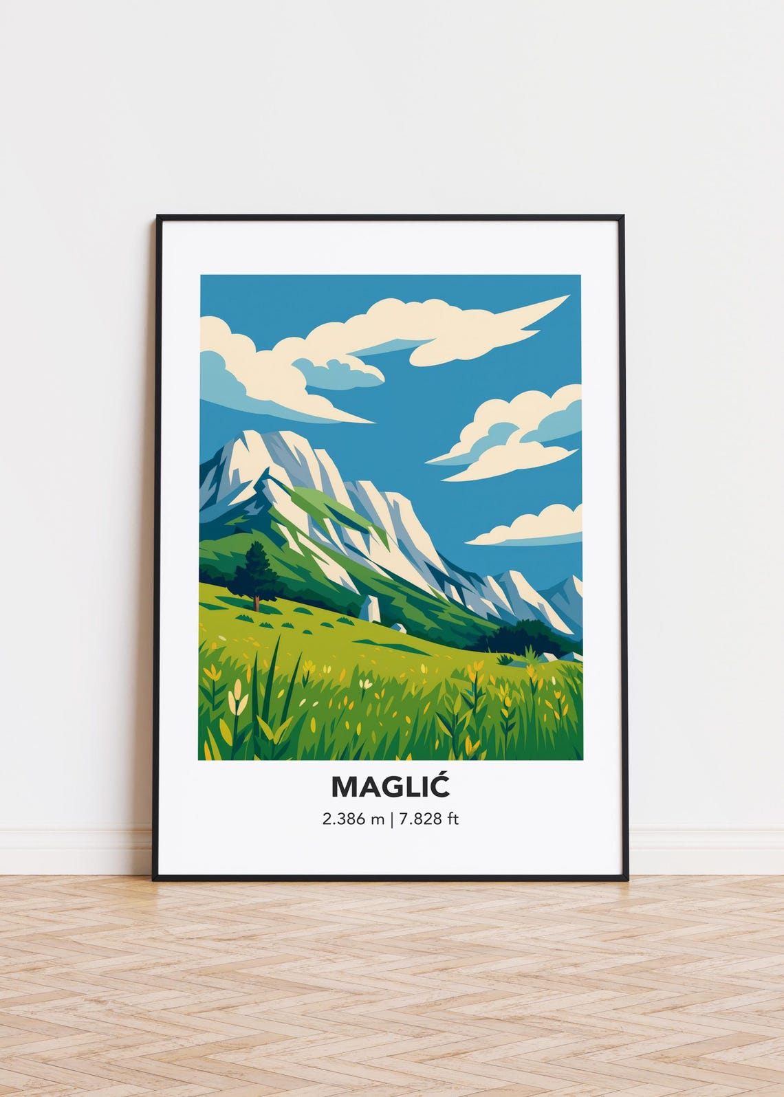 Maglić Snowy Mountain Peak Alpine Meadow Modern Minimalist Poster