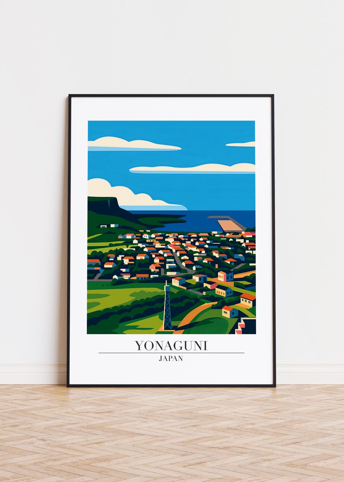 Yonaguni Japan Coastal Town Colorful Houses Blue Ocean Travel Poster