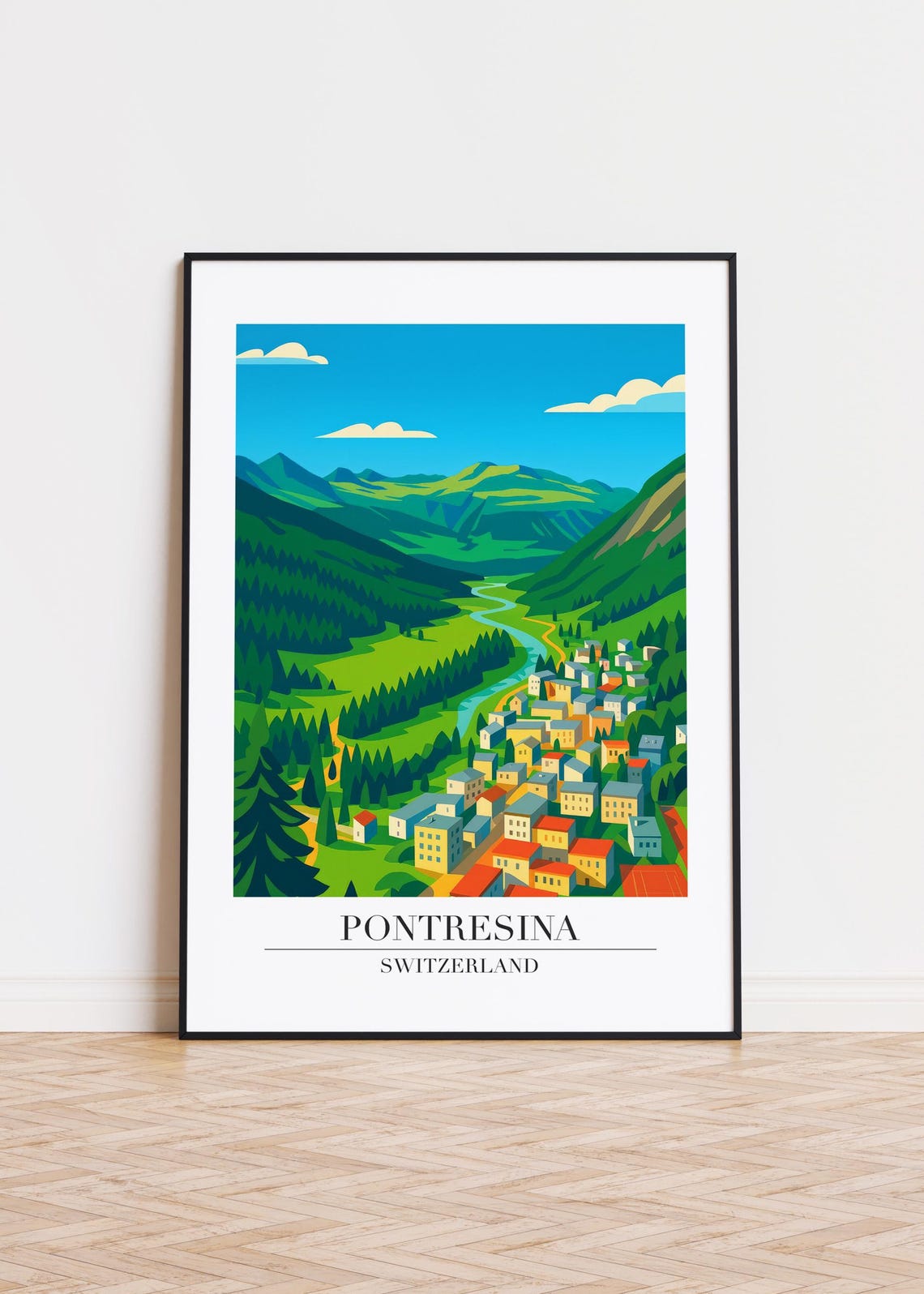 Pontresina Switzerland Alpine Valley Village Mountain Travel Poster