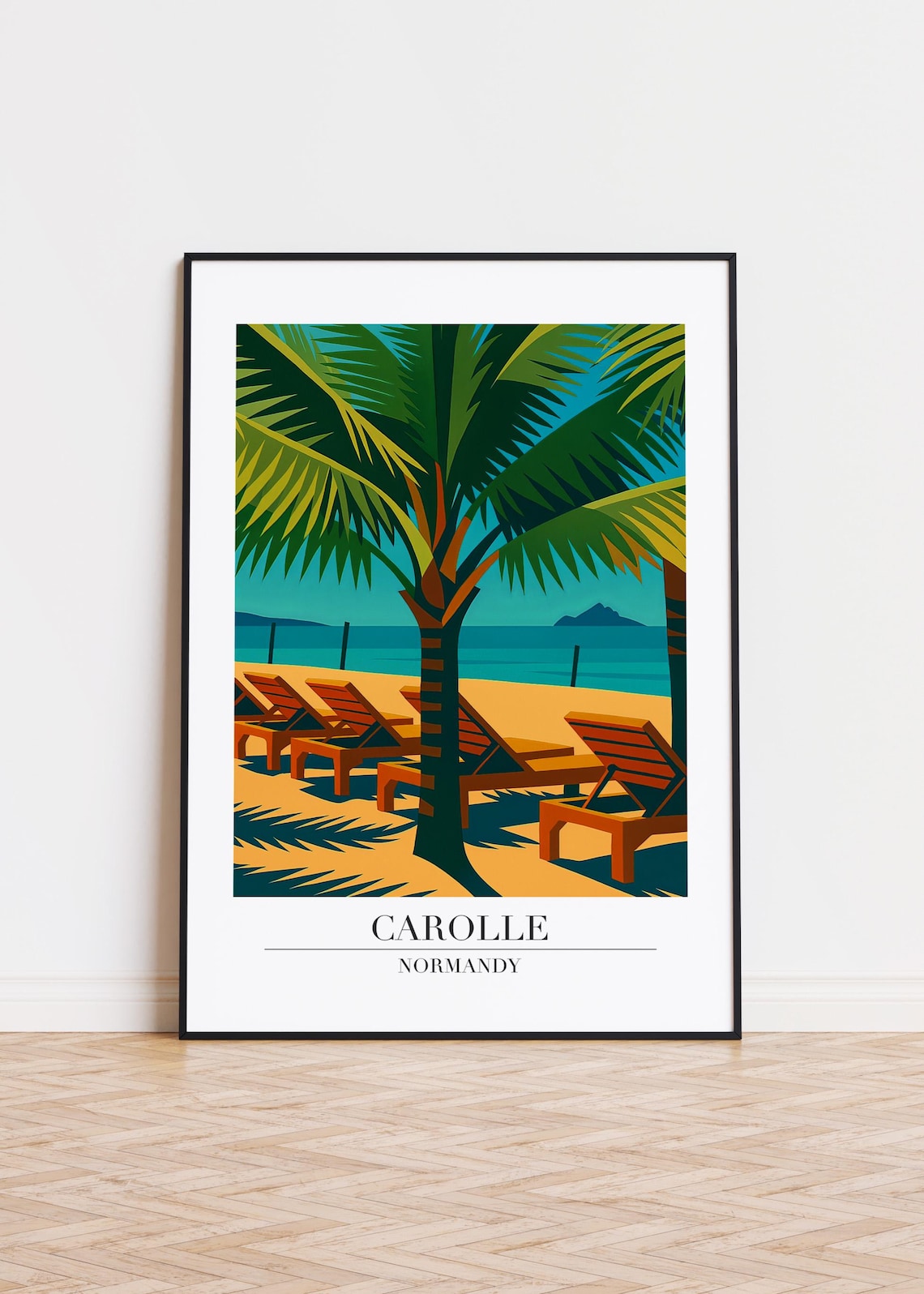 Carolle Normandy Palm Beach Sun Loungers Retro Travel Illustration Poster