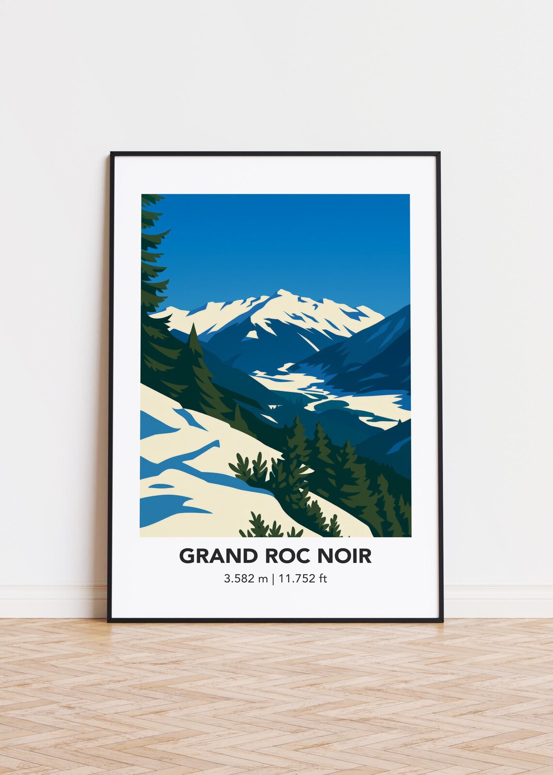 Grand Roc Noir Minimalist Snowy Alpine Ridge Pines Travel Art Poster