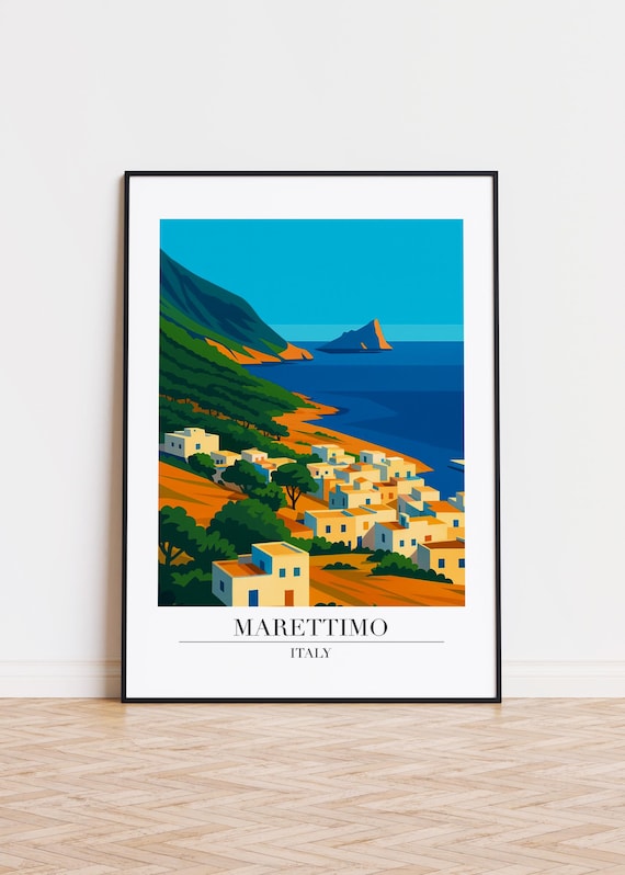 Marettimo Italy White Village Bay Coastal Illustration Poster