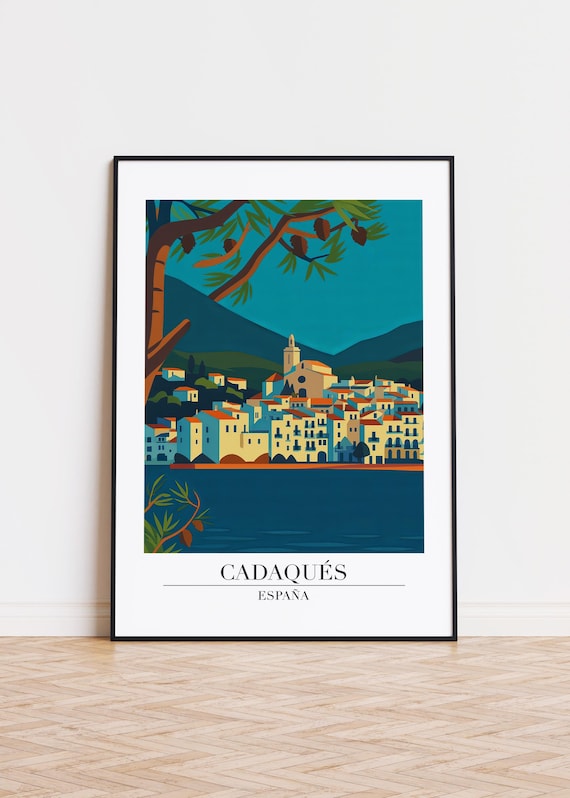 Cadaqués Spain White Waterfront Town Church Tower Travel Poster