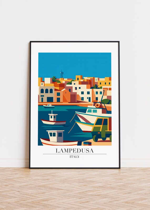 Lampedusa Italy Fishing Boats Harbor Pelagie Islands Travel Poster