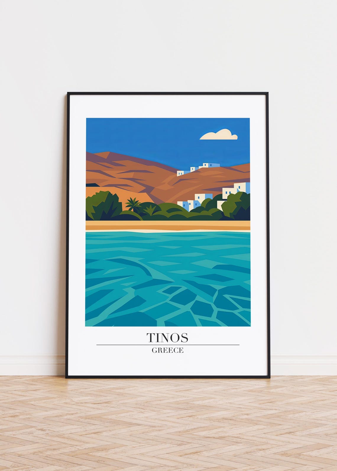 Tinos Greece Turquoise Bay Hillside Village Beach Travel Poster