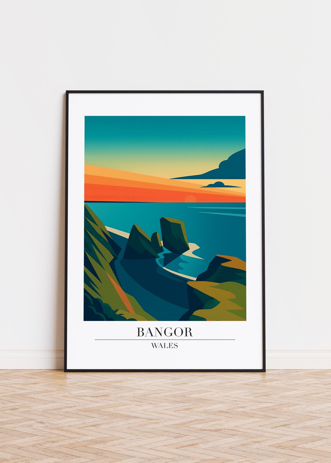 Bangor Wales Coastal Sunset Sea Stacks Modern Travel Art Poster