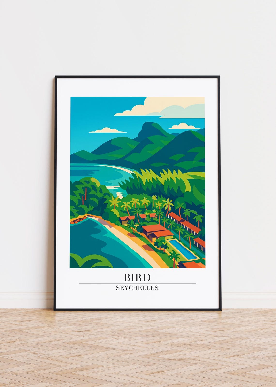 Bird Island Seychelles Tropical Bay Palm Trees Modern Travel Poster