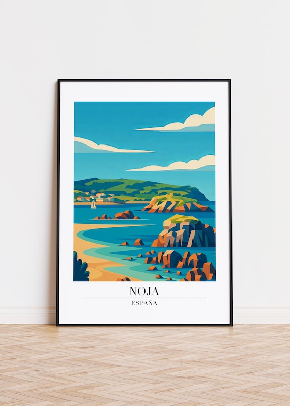 Noja Spain Rocky Coast Cliffs Beach Modern Travel Art Poster