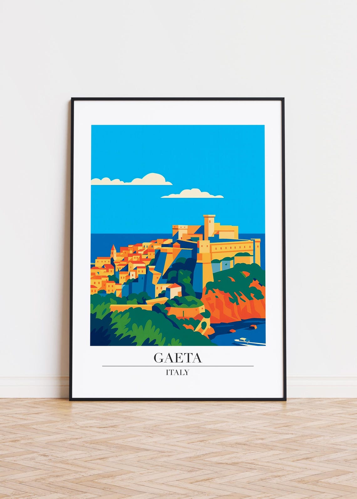 Gaeta Italy Castle Cliffs Blue Sea Modern Travel Illustration Poster