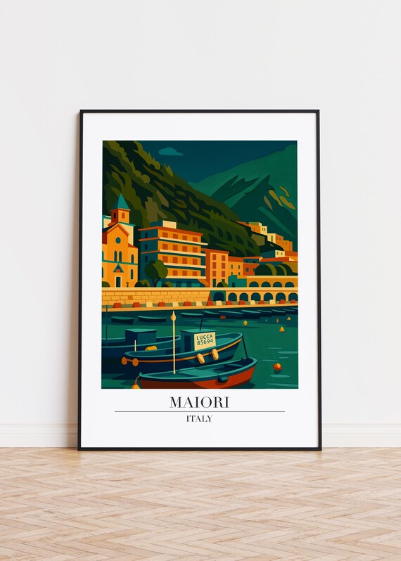 Maiori Italy Fishing Boats Harbor Vintage Style Travel Poster Art