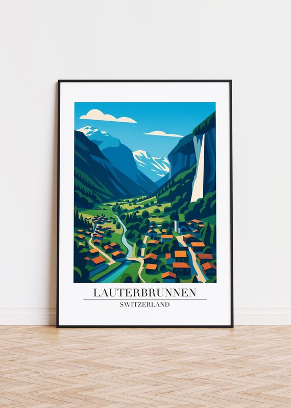 Lauterbrunnen Switzerland Valley Waterfall Vintage Travel Poster