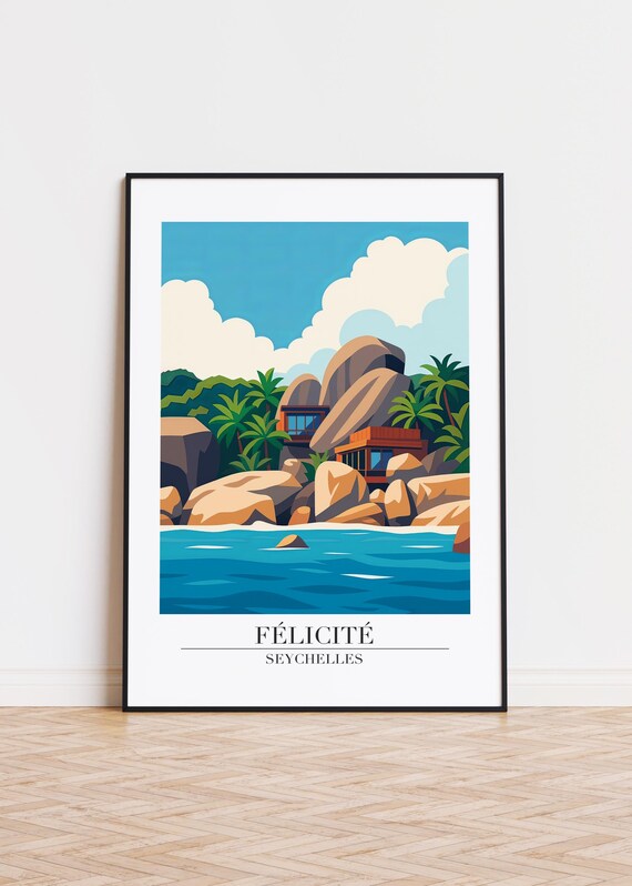 Felicite Island Seychelles Rocky Coast Villas Modern Travel Poster