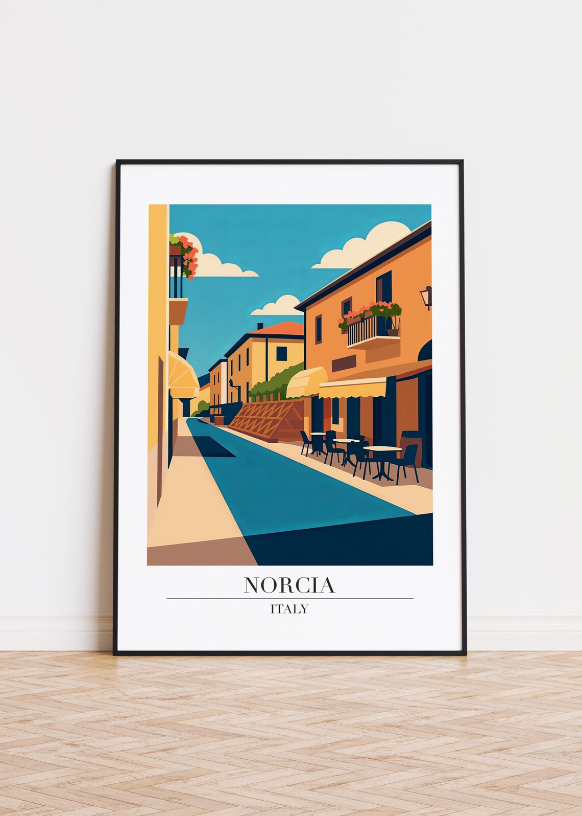 Norcia Italy Sunny Cafe Street Retro Travel Illustration Poster