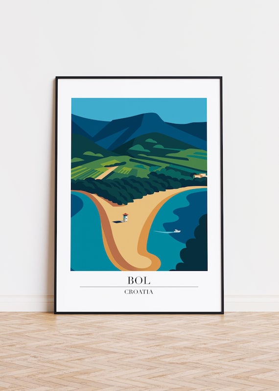 Bol Croatia Curved Sand Beach Lifeguard Tower Modern Travel Poster