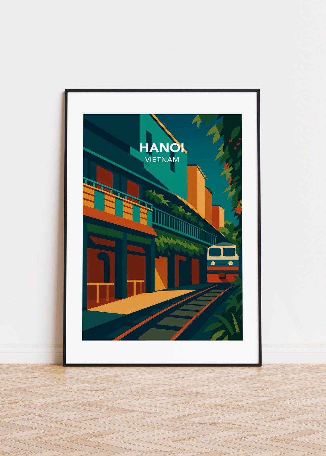 Hanoi Vietnam Train Street Night Illustration Scenic Travel Poster