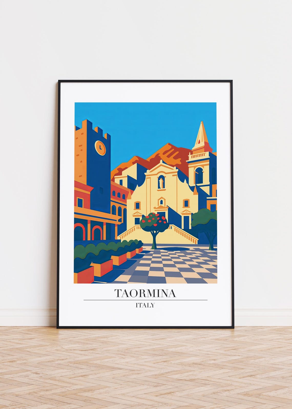 Taormina Italy Piazza Cathedral Clock Tower Vintage Travel Poster