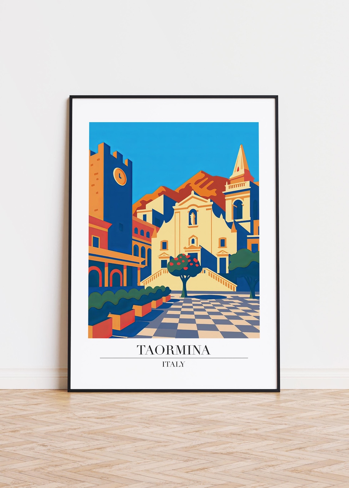 Taormina Italy Poster Skyline Illustration Travel Art Print