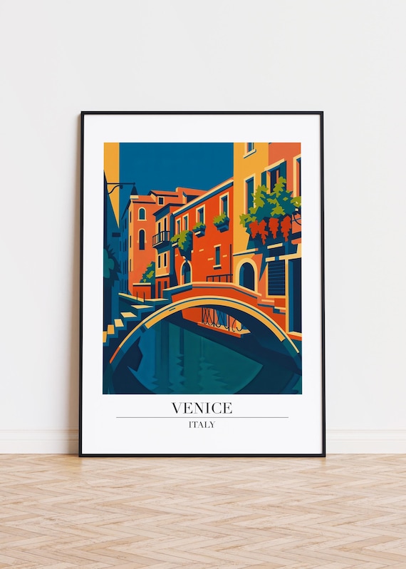 Venice Italy Canal Bridge Colorful Buildings Vintage Travel Poster Art