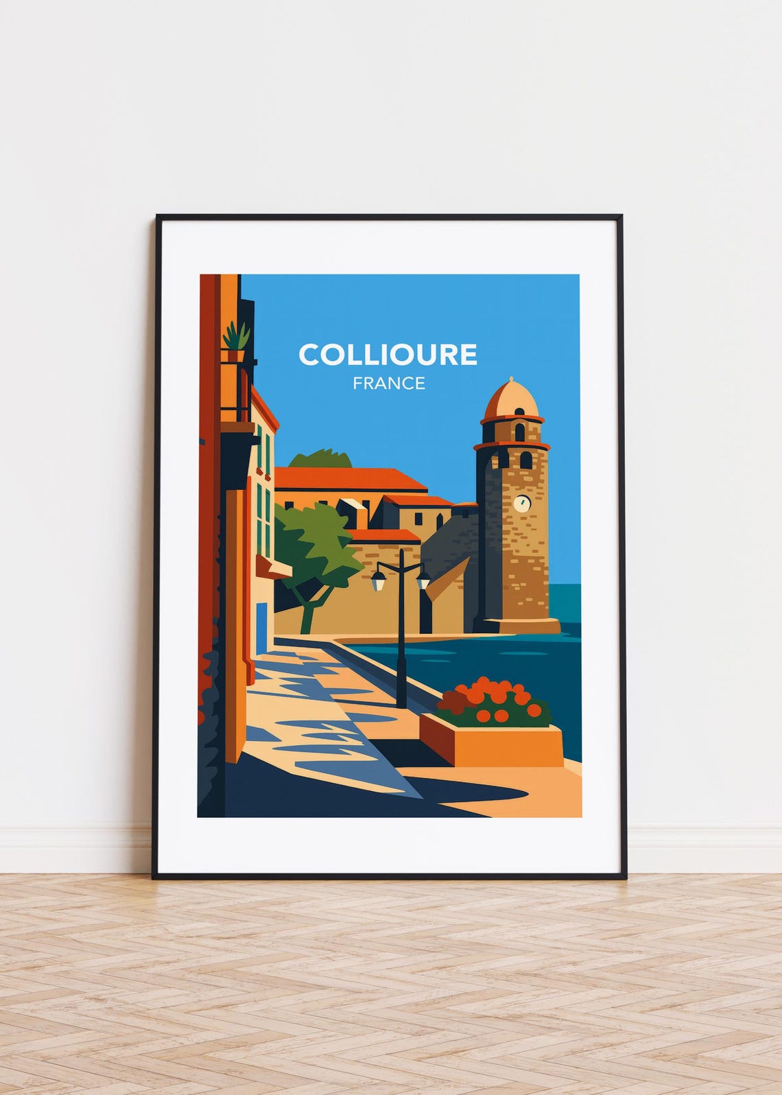 Collioure France Mediterranean Coastal Tower Vintage Travel Poster