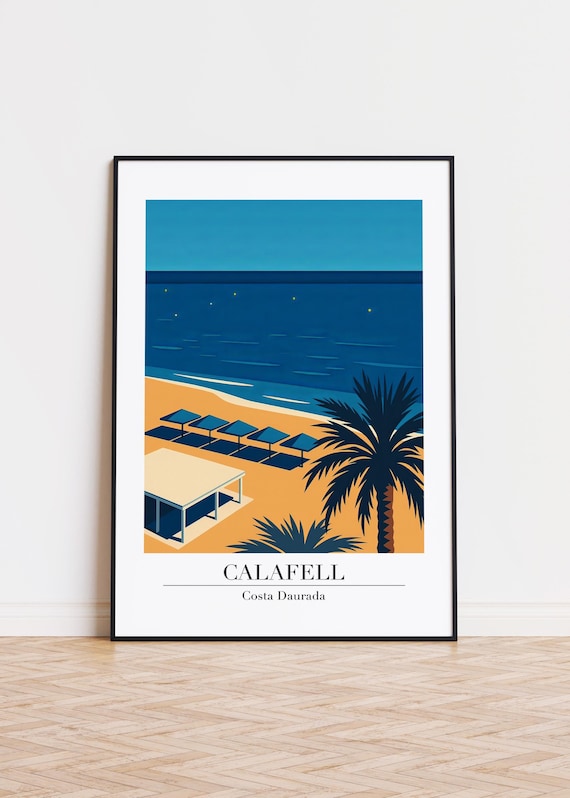 Calafell Costa Daurada Night Beach Umbrellas Palm Travel Poster