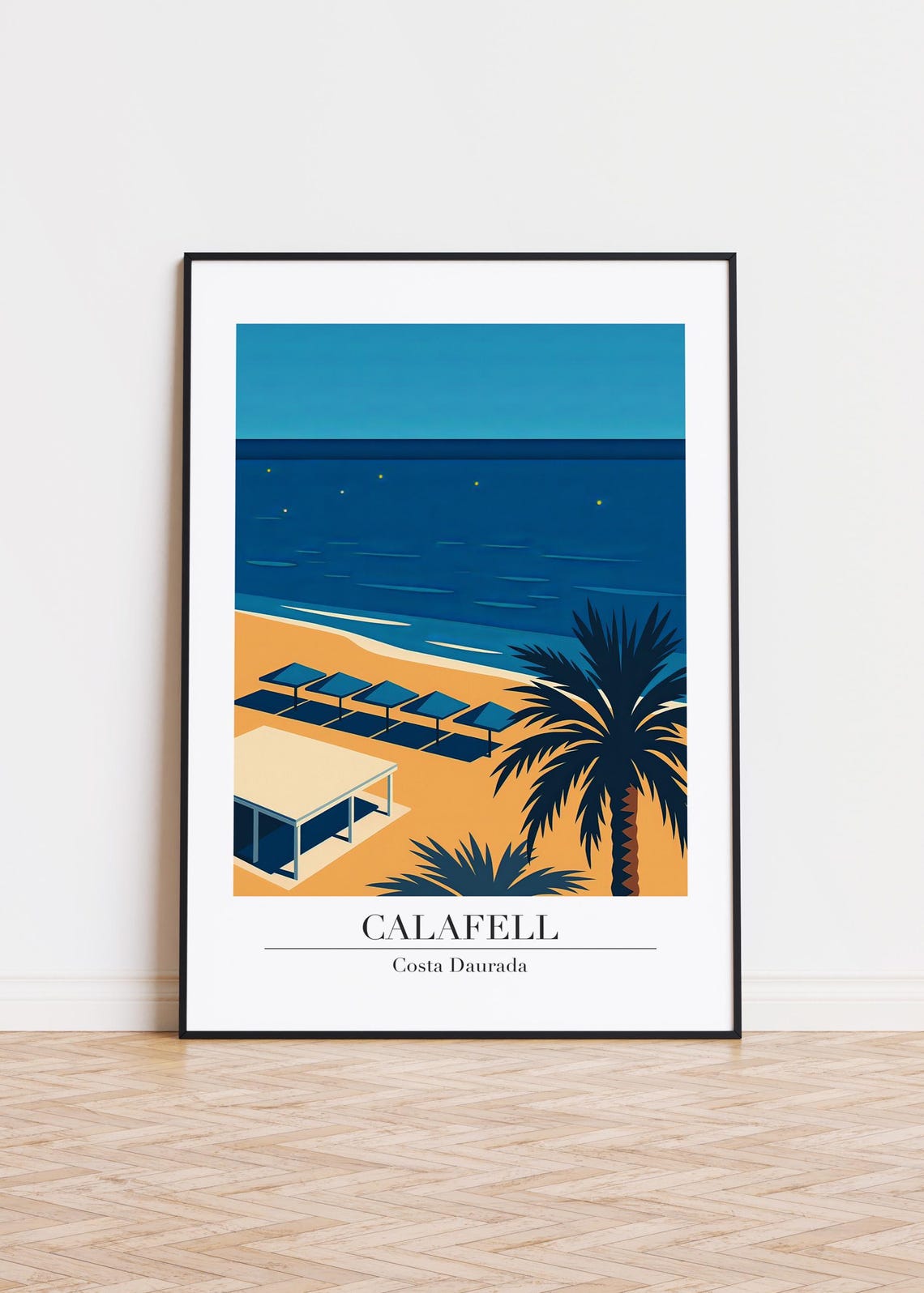 Calafell Costa Daurada Night Beach Umbrellas Palm Travel Poster