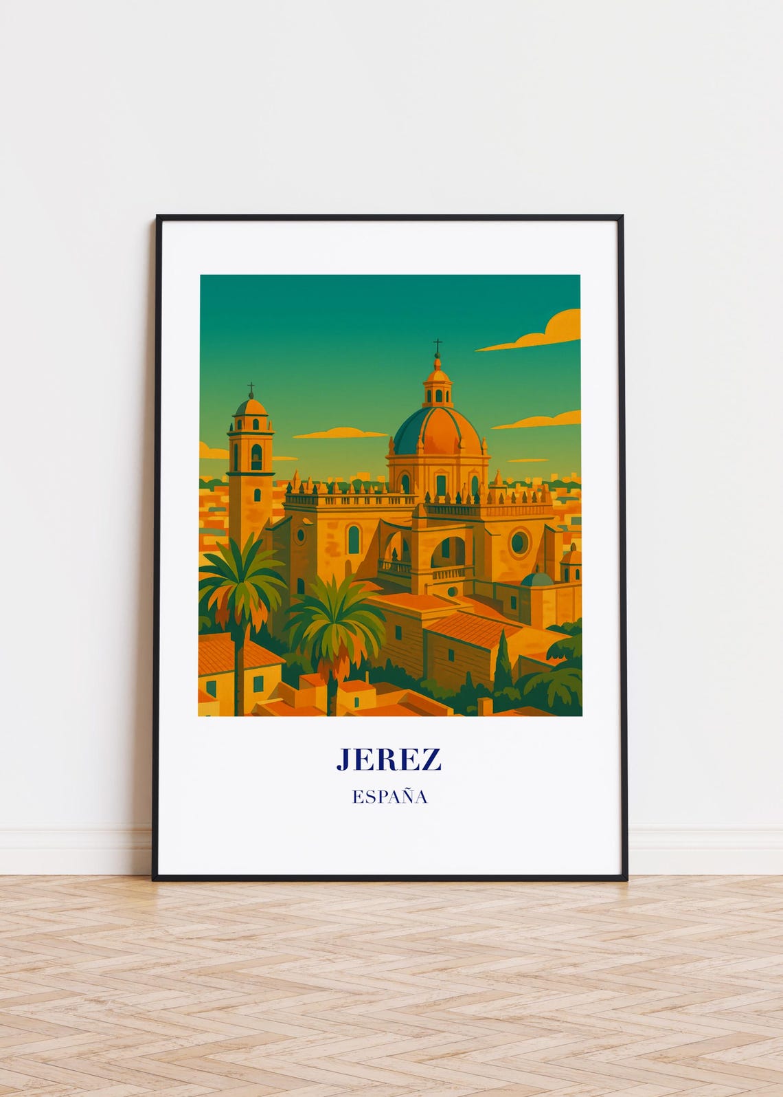 Jerez Spain Cathedral Rooftops Palm Trees Golden Travel Art Poster