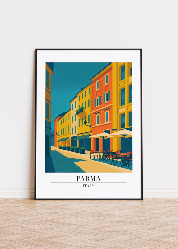 Parma Italy Colorful Street Cafe Umbrellas Travel Scene Poster