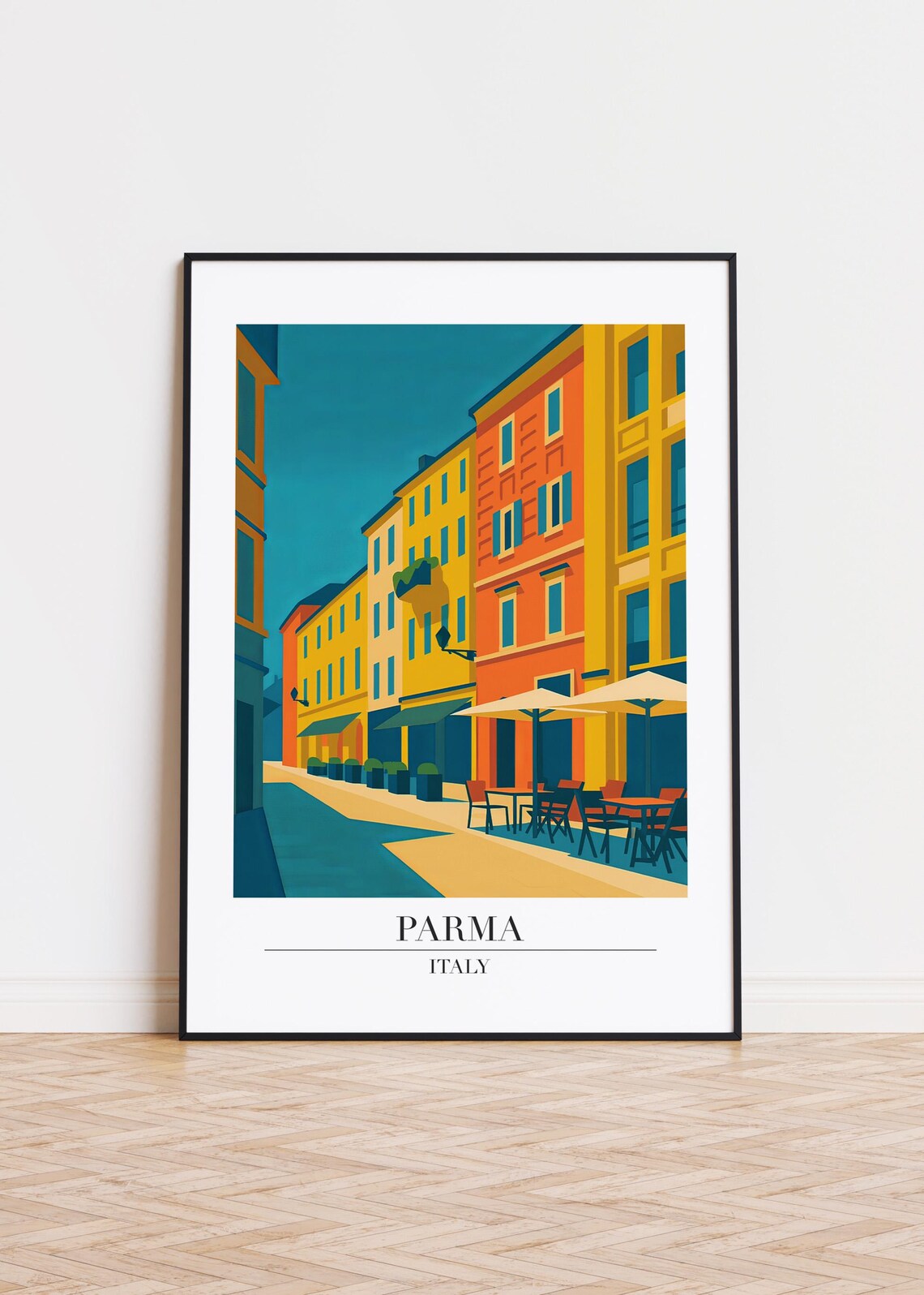 Parma Italy Colorful Street Cafe Umbrellas Travel Scene Poster