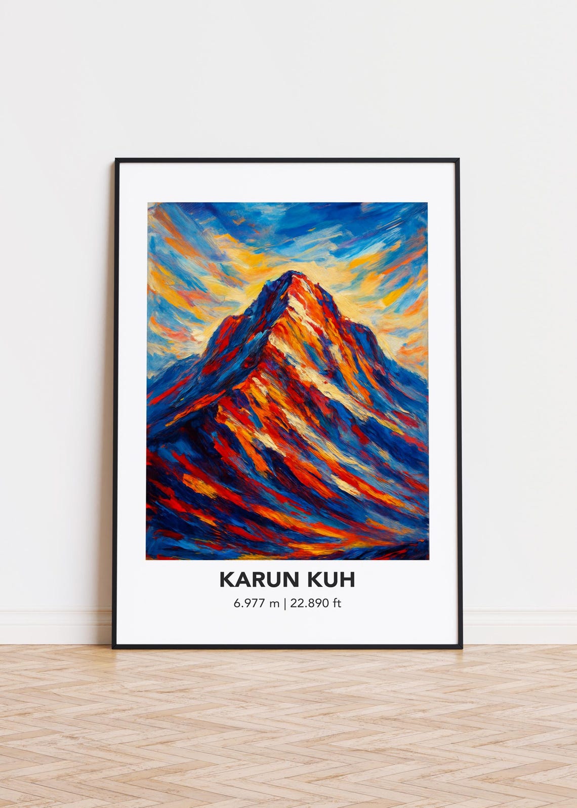 Karun Kuh Fiery Peak Sunset Oil Style Dramatic Mountain Travel Poster