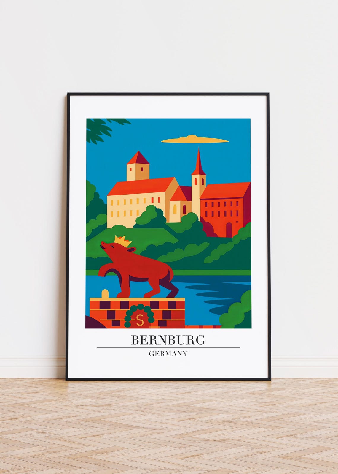 Bernburg Germany Crowned Bear Statue Castle Vintage Travel Poster