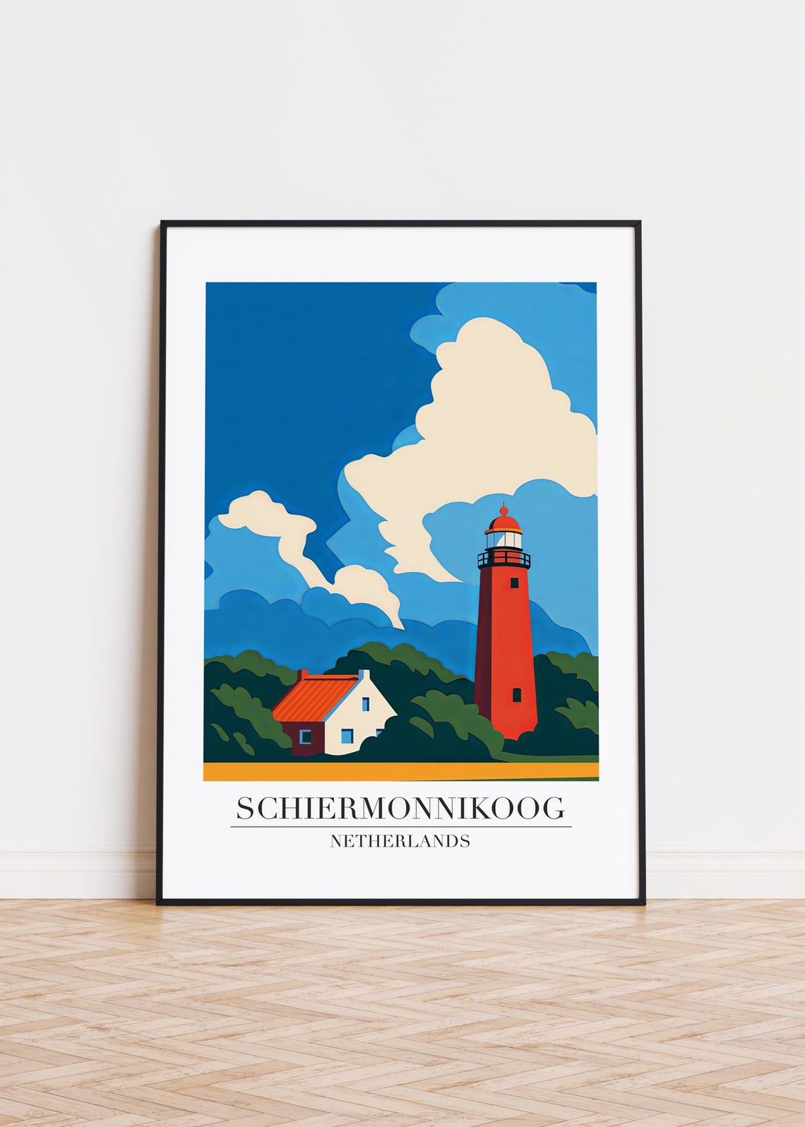 Schiermonnikoog Netherlands Red Lighthouse Retro Travel Poster
