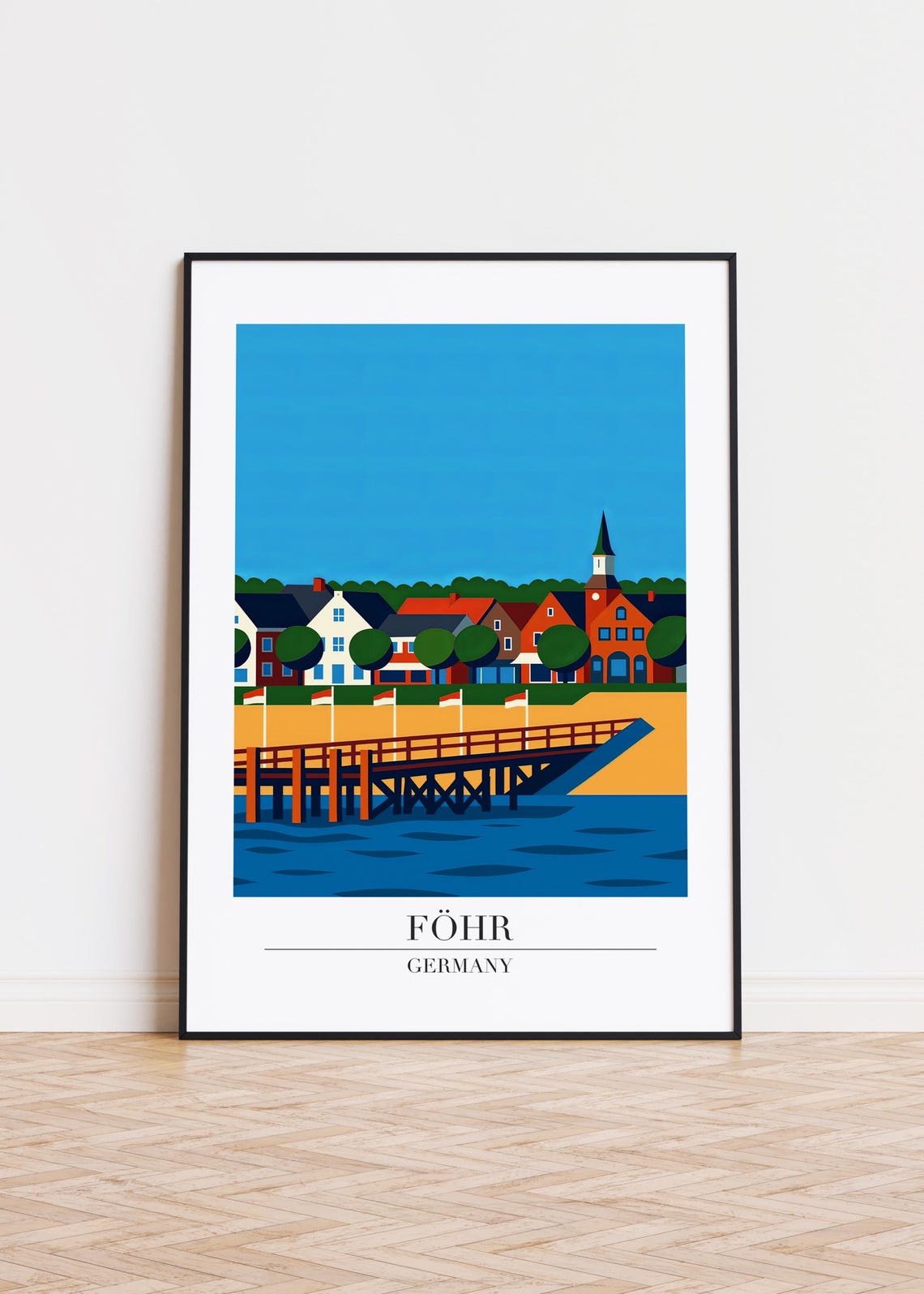 Föhr Germany Seaside Pier Town Colorful Coast Retro Travel Poster