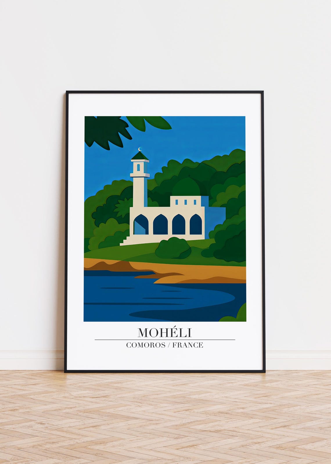 Mohéli Comoros Seaside Mosque With Minaret Modern Travel Poster