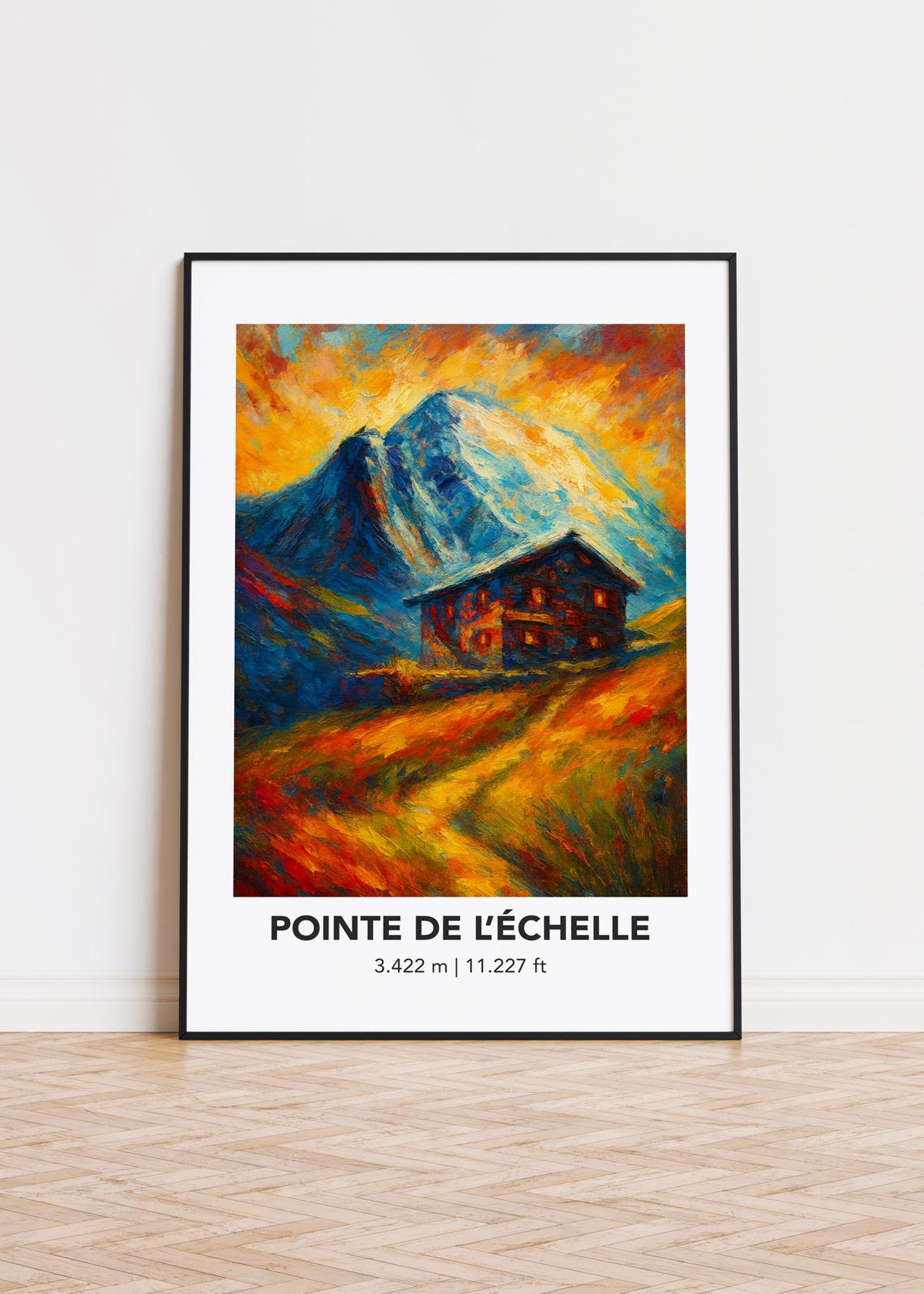 Pointe de Lechelle Alpine Cabin Sunset Oil Painting Mountain Poster