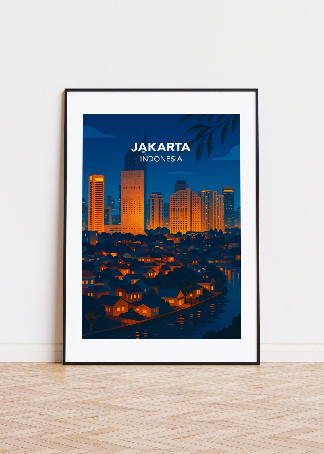 Jakarta Indonesia Colorful Night Skyline River Lights Travel Poster