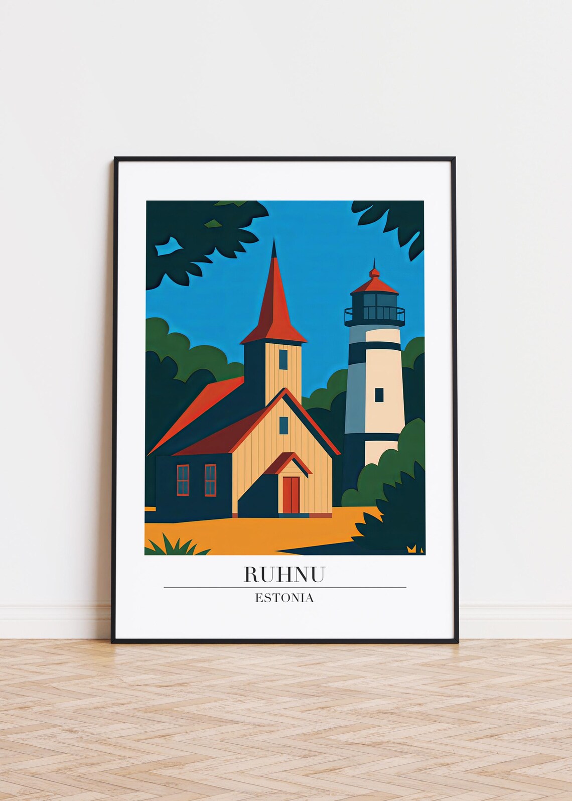 Ruhnu Estonia Wooden Church Lighthouse Coastal Travel Poster